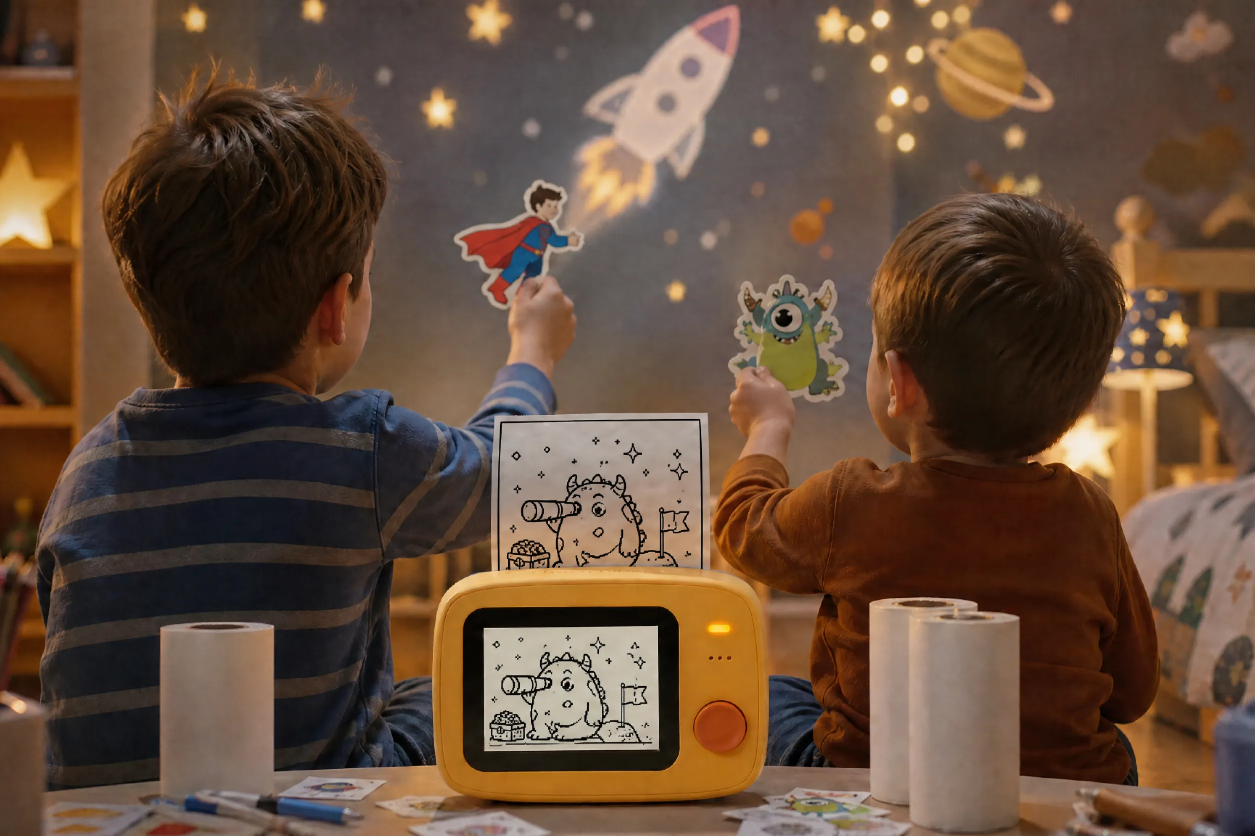 Kids laughing while creating stickers in a cozy room