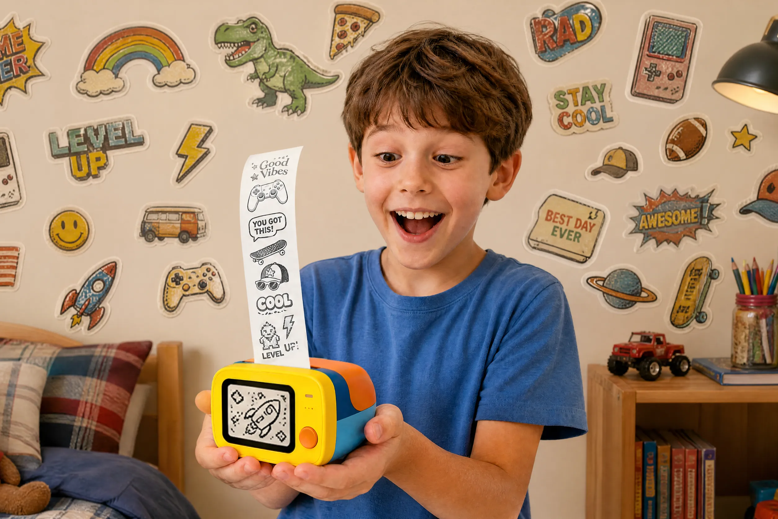 Kids laughing while creating stickers in a cozy room
