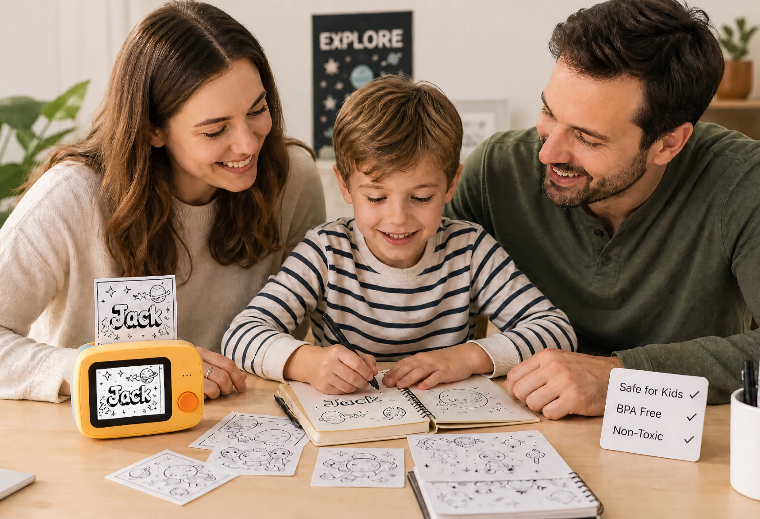 Kids laughing while creating stickers in a cozy room