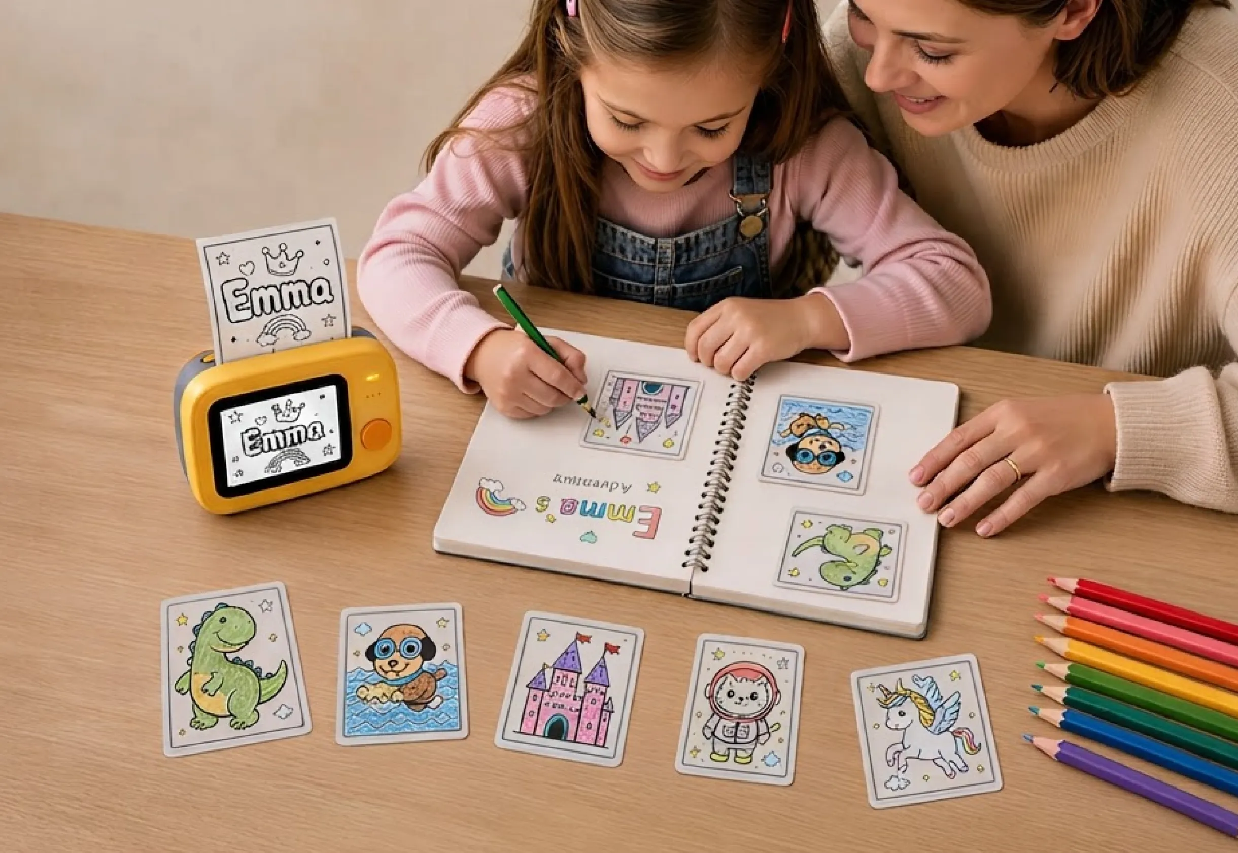 Child printing with the Lumobox on a wooden table