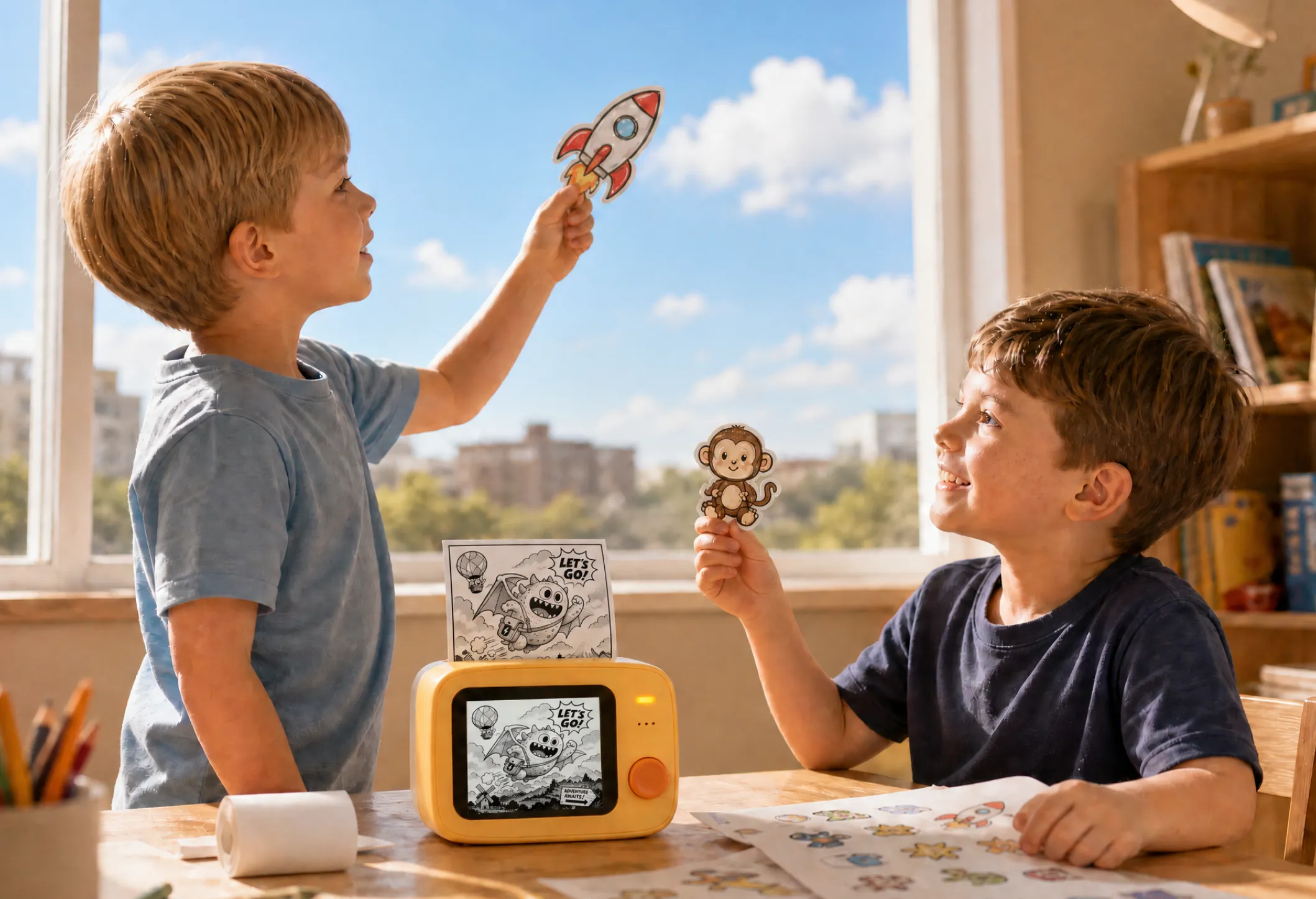 Child smiling while pressing the Lumobox printer